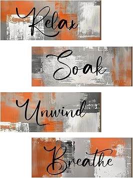 Maitys 4 Pcs Orange Bathroom Wall Decor, 10 x 4 Inch Fall Bathroom Wall Art