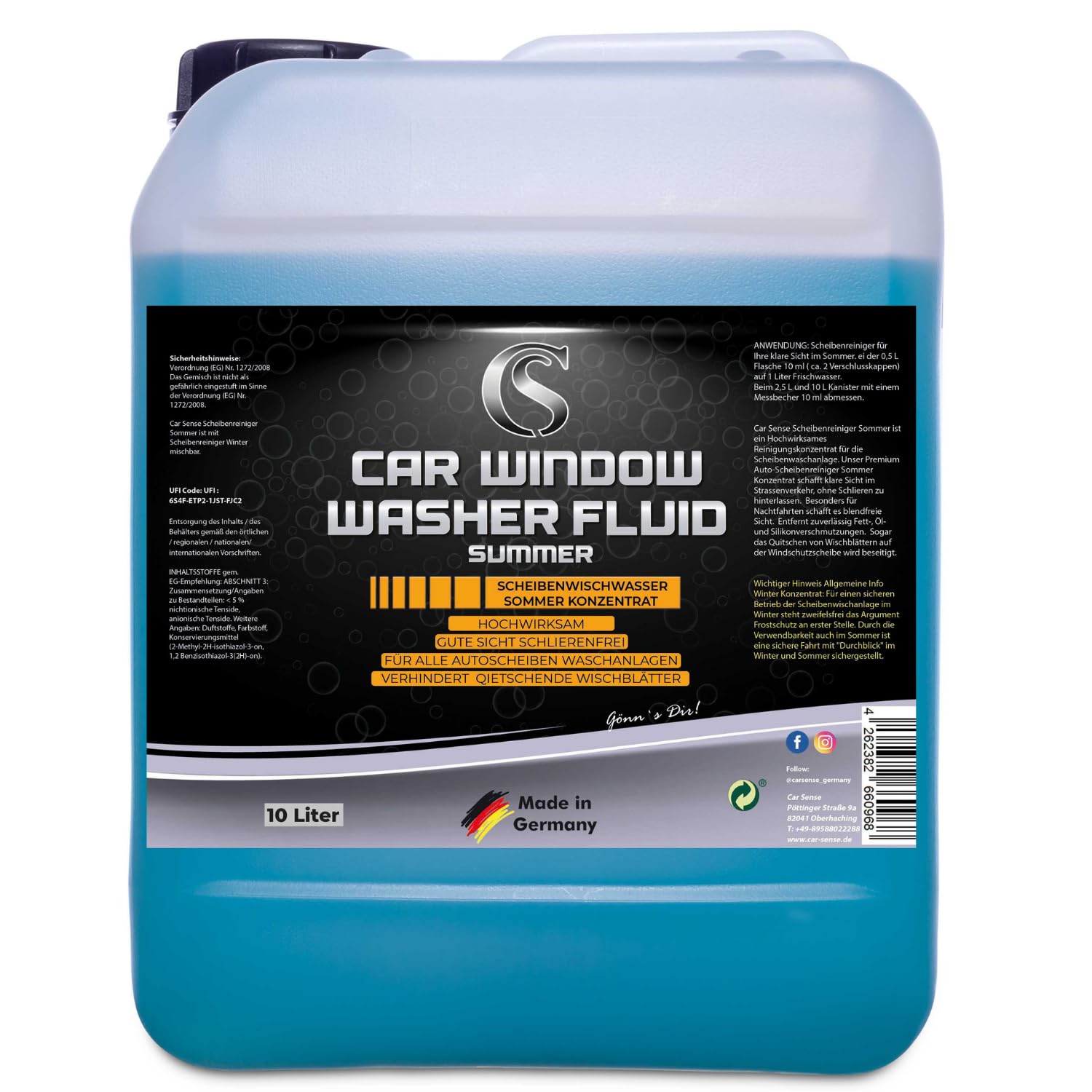 Car Sense Scheibenwischwasserkonzentrat Sommer [10L] - bis zu 1000L Wischwasser - Hochwirksam & ohne Schlieren, Wischwasser Auto Sommer, Scheibenreiniger Konzentrat