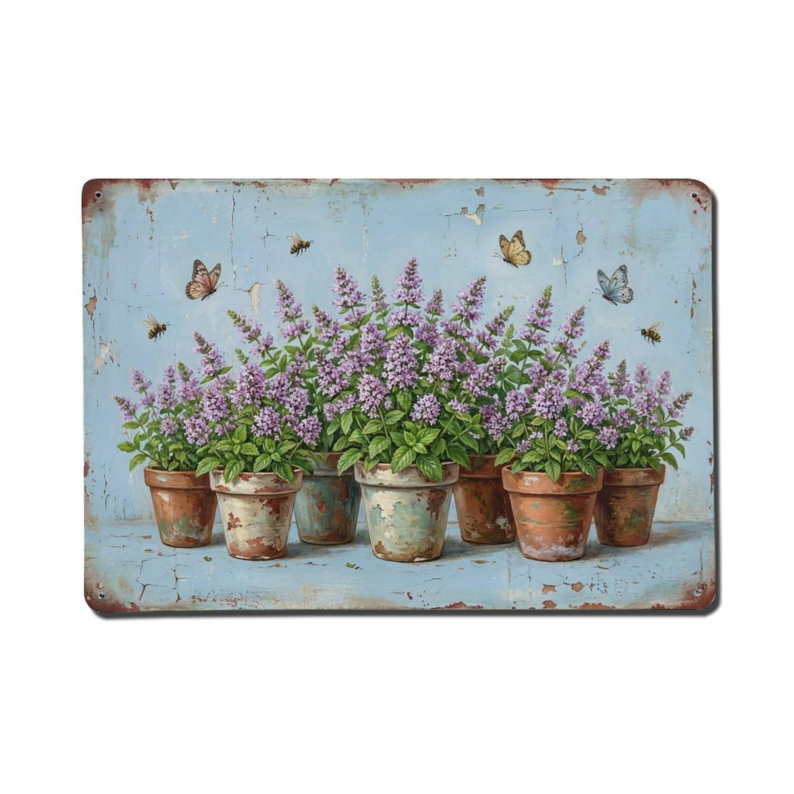 Vintage Rustic Flower Potted Plants Mint Metal Tin Sign