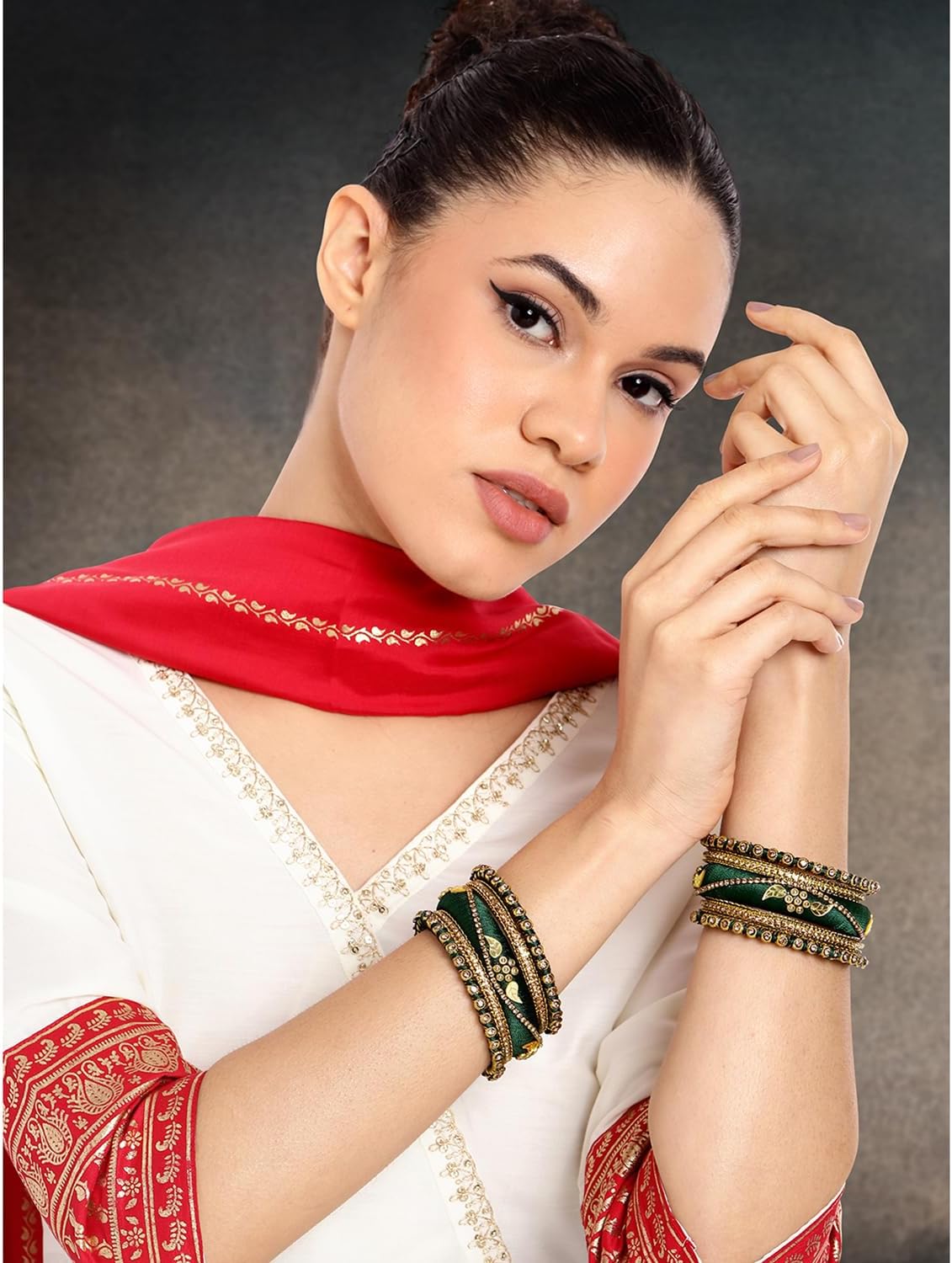 Aheli Traditional Gold Plated 2.6 Inch Cream Silk Thread Chuda Bangles Ethnic Stylish Fashion Jewelry Gift for Women