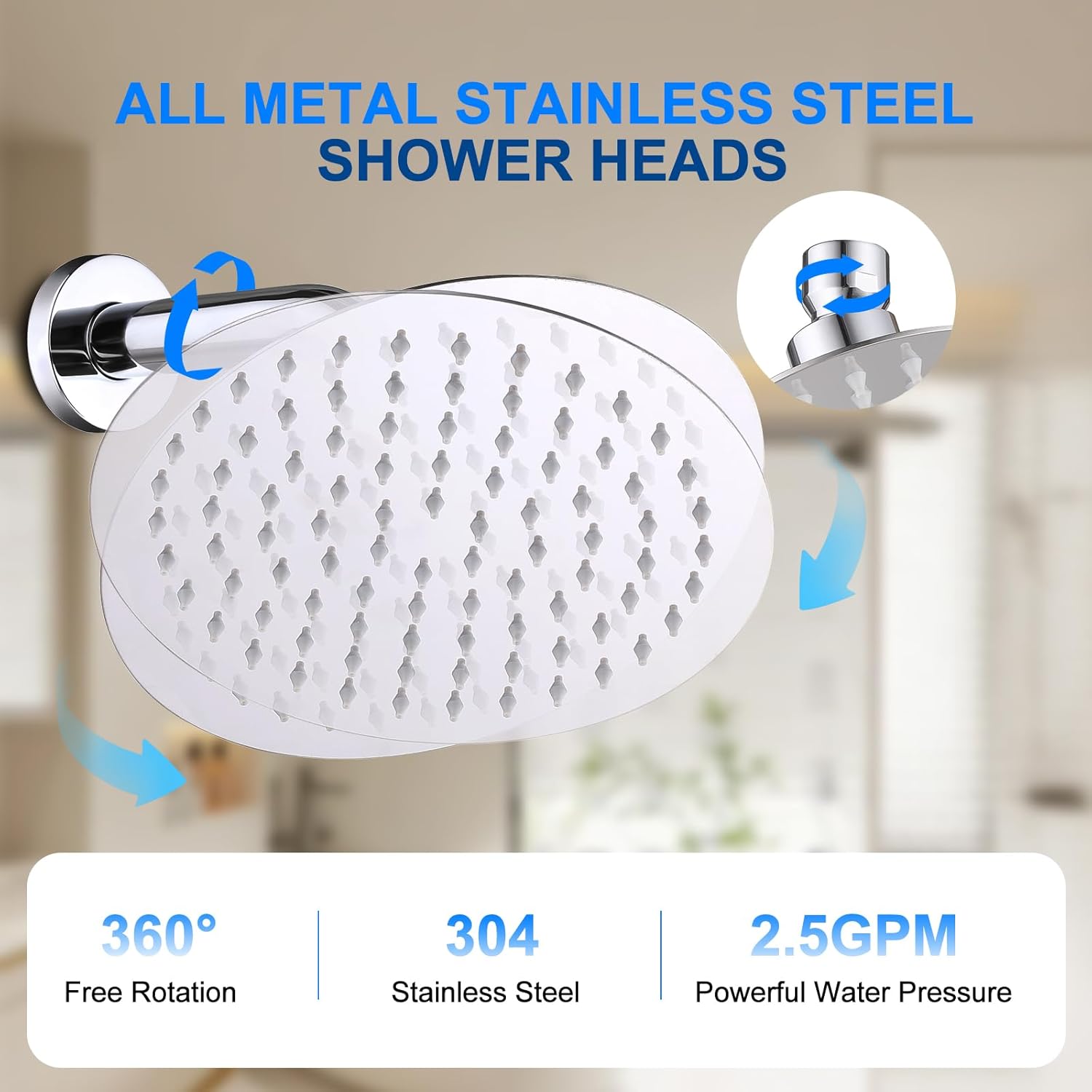 6 Inch Round Rain Shower Head Metal Stainless Steel High Flow Rainfall Shower Head with Self-Cleaning Silicone Nozzles Universal 1/2" Wall Mount for Bathroom