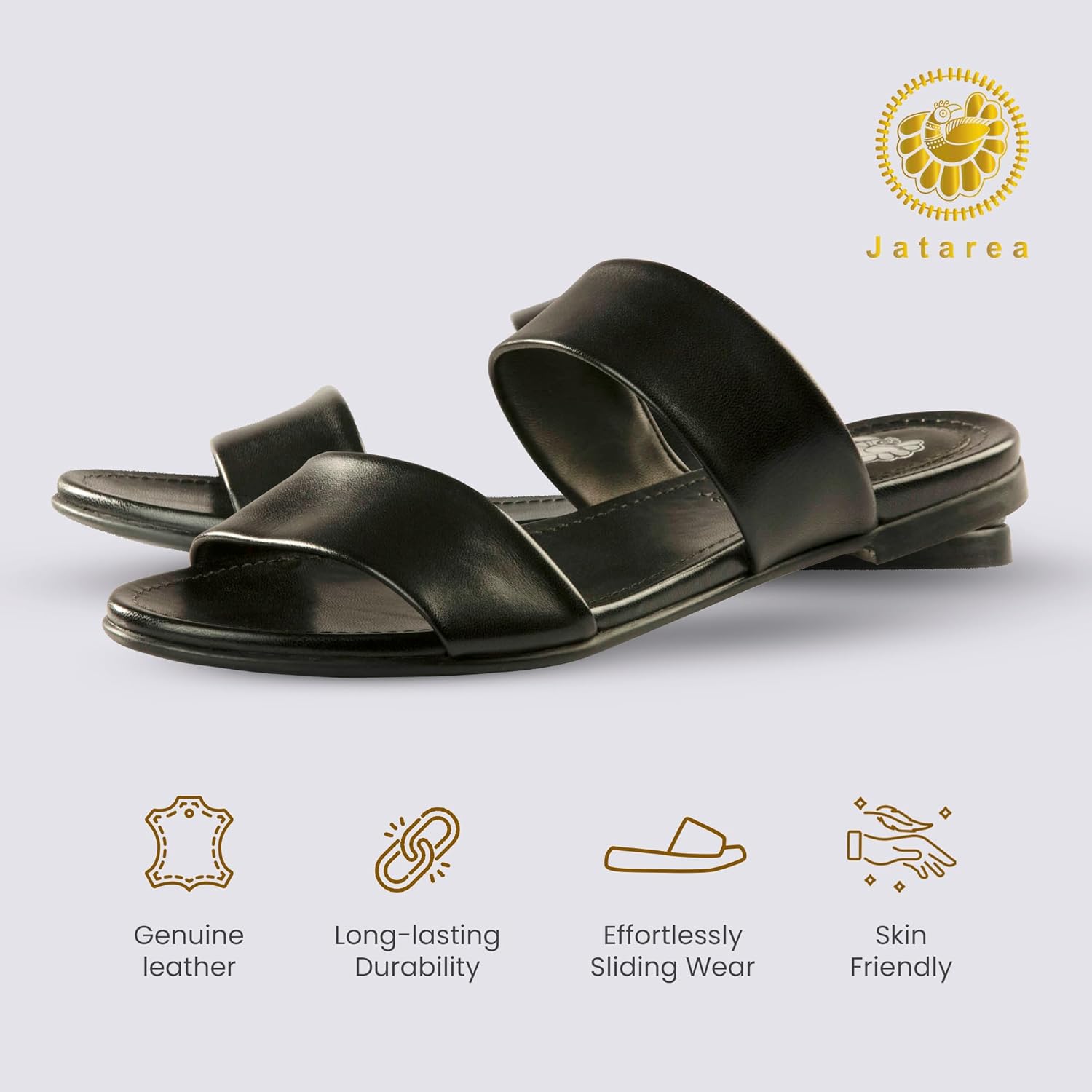 JATAREA Slip-On Flat Leather Slides for Women & Two Strap Open Toe Beach Sandals