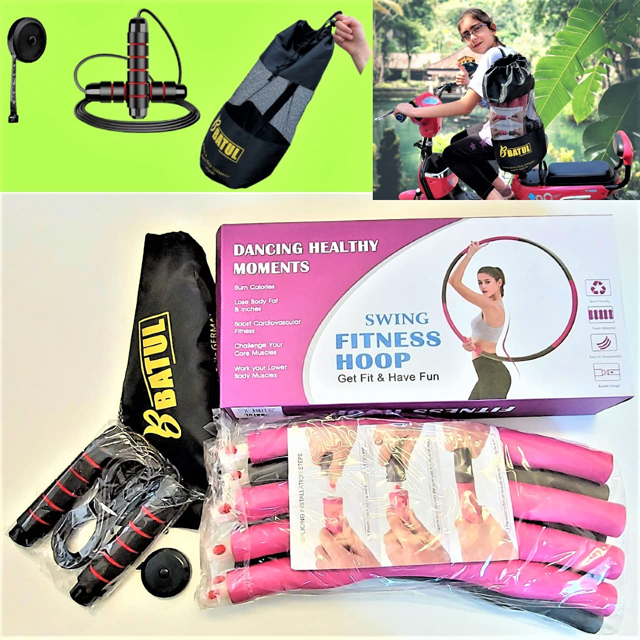 Hula Hoop Ring Reifen Erwachsene und Kinder 5-8 Sektionen Abnehmen & HIIT Training | Bauch Beine Po Training | Fitness Set 4-teilig inklusive Springseil, Maßband & Tasche zur Aufbewahrung