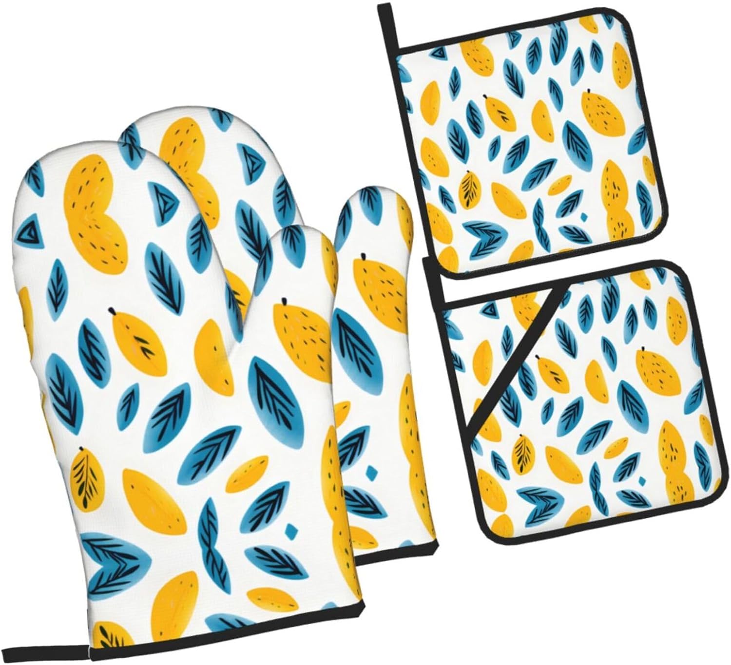 Yellow Mango Pattern Printed Oven Mitts + Potholders 4-Piece Set - Great for BBQ Party Cooking