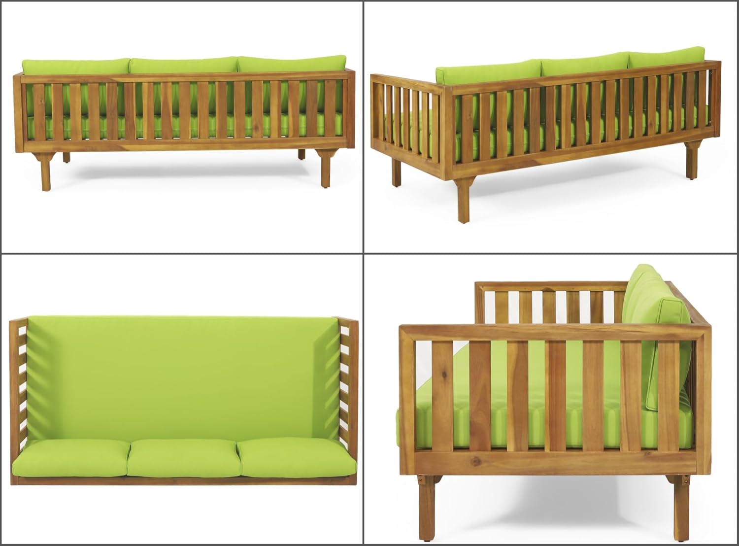 Merax Outdoor 3 Seater Daybed, Acacia Wood Day Bed Couch Sofa with Cushions for Patio Backyard, Garden, Green