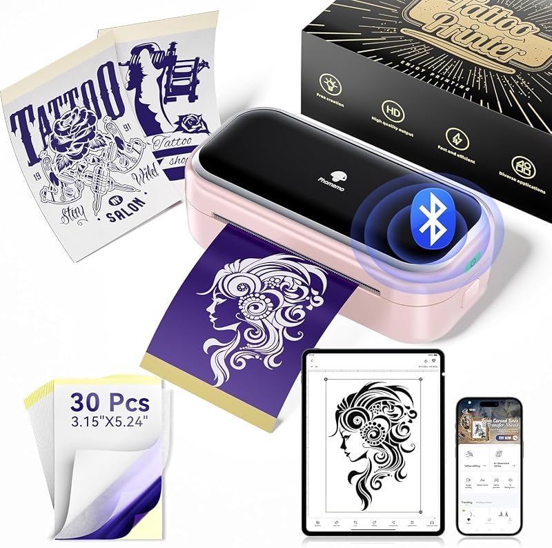 Impressora térmica portátil para estêncil de tatuagem Phomemo TP31 M03TP31, Bluetooth, rosa, com 30 folhas de papel de transferência