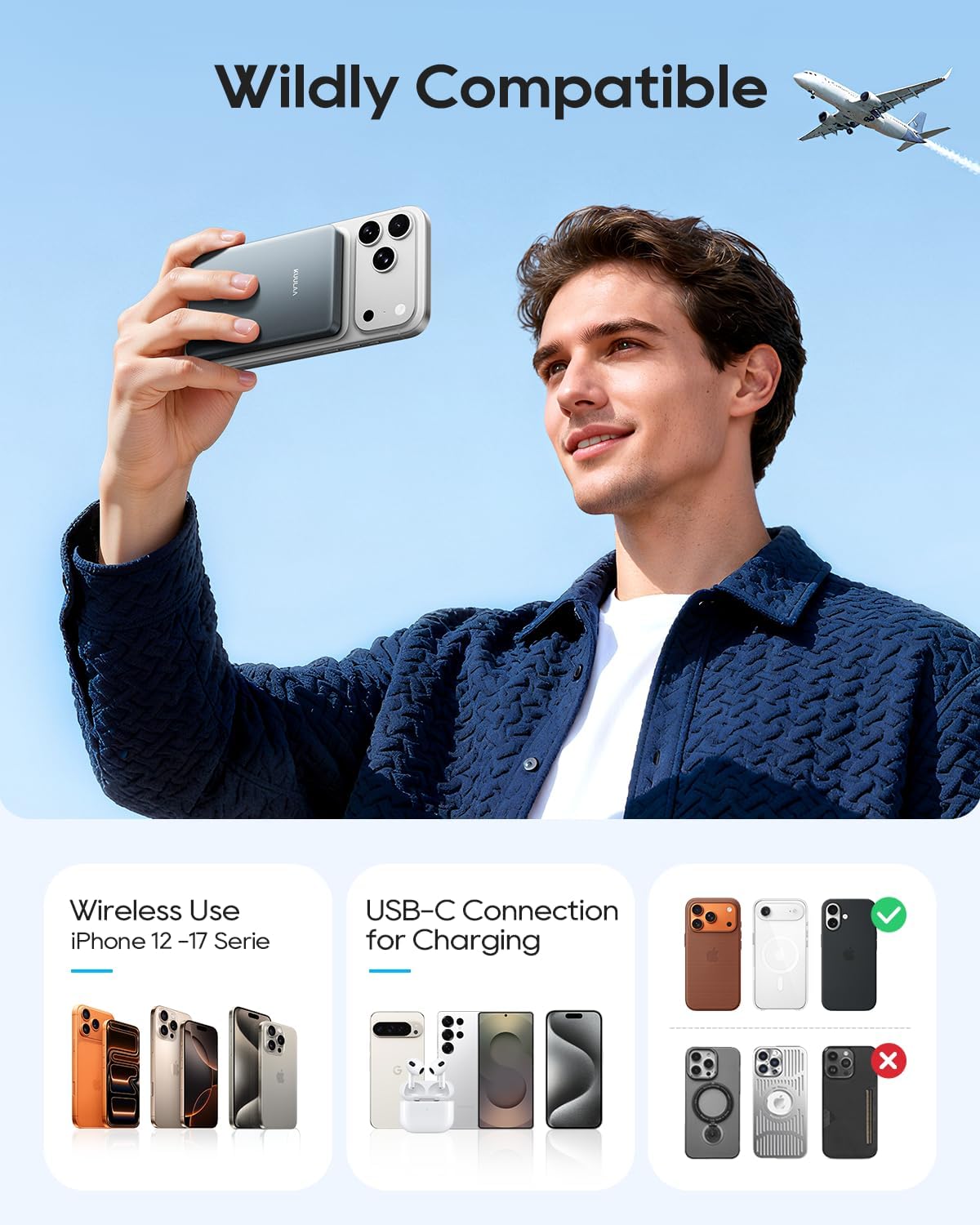 Kuulaa power bank demonstrating wide compatibility for wireless charging with iPhone 12-17 series and wired charging via USB-C