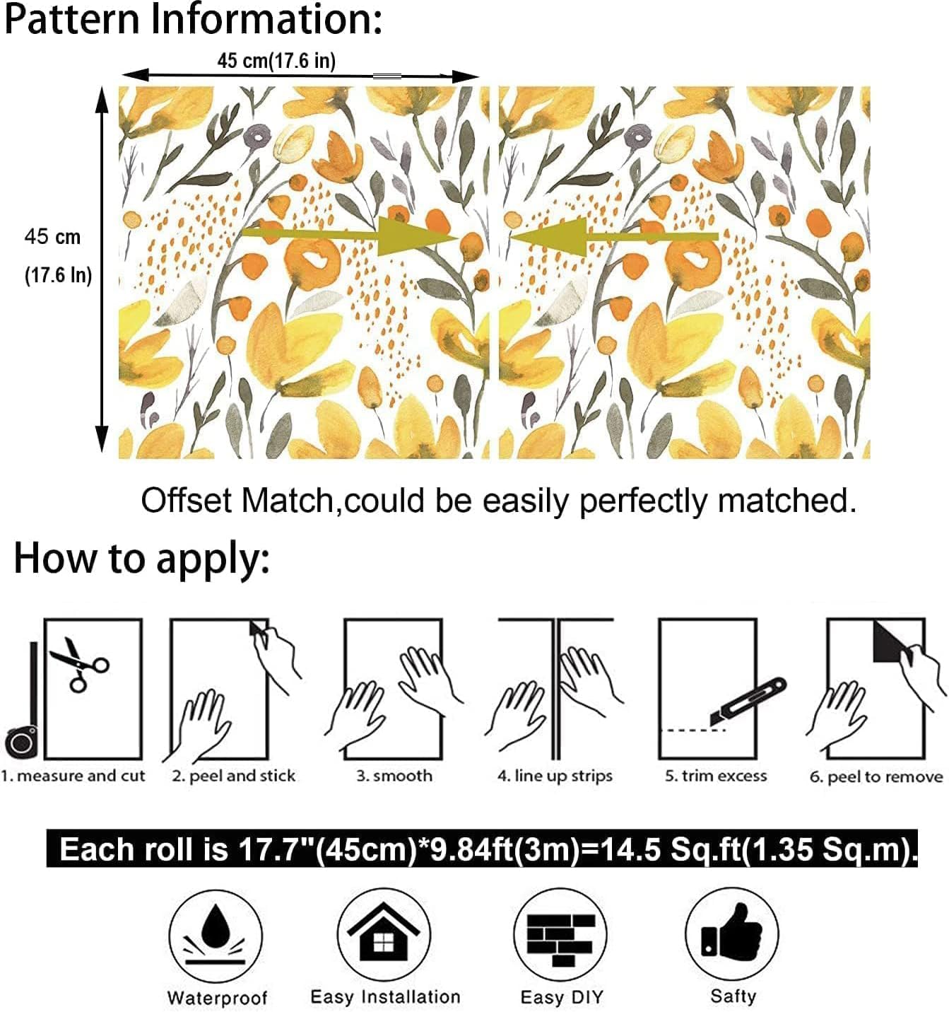 Blooming Wall Peel&Stick Removable Watercolor Seamless Yellow Fresh Floral Kapok Self-Adhesive Prepasted Wallpaper Wall Mural