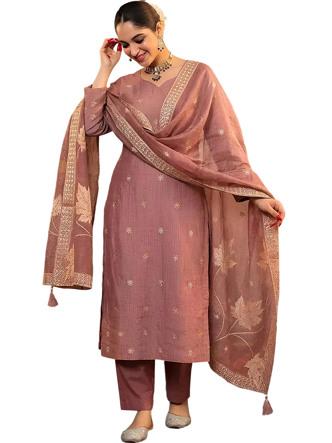 pinkmint Women Jacquard Silk Ethnic Kurta with Dupatta Suit for Women | Straight Fit Designer Wear with Woven Pattern & Tassel Dupatta | Availble in Plus Size-picture-11