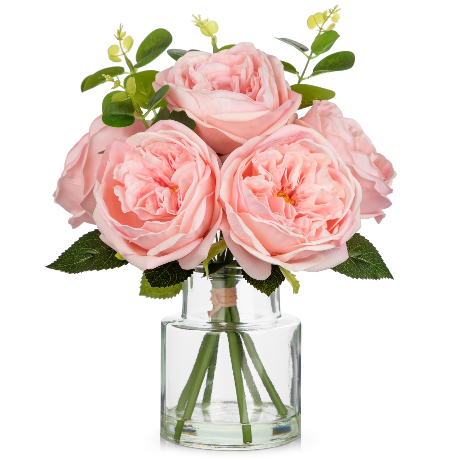 Photo 1 of Hollyone Real Touch Peonies Artificial Flowers Arrangements in Vase Pink Fake Peonies with Glass Vase Silk David Austin Roses Faux Flowers with Faux Water Bouquet Table Floral Centerpiece Home Decor