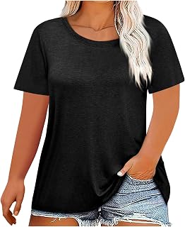 Dyhxuan Camiseta para mujer, tallas grandes, de manga corta, cuello redondo, de algodón, para verano, color liso, blusa básica, elegante, talla grande, L-5XL
