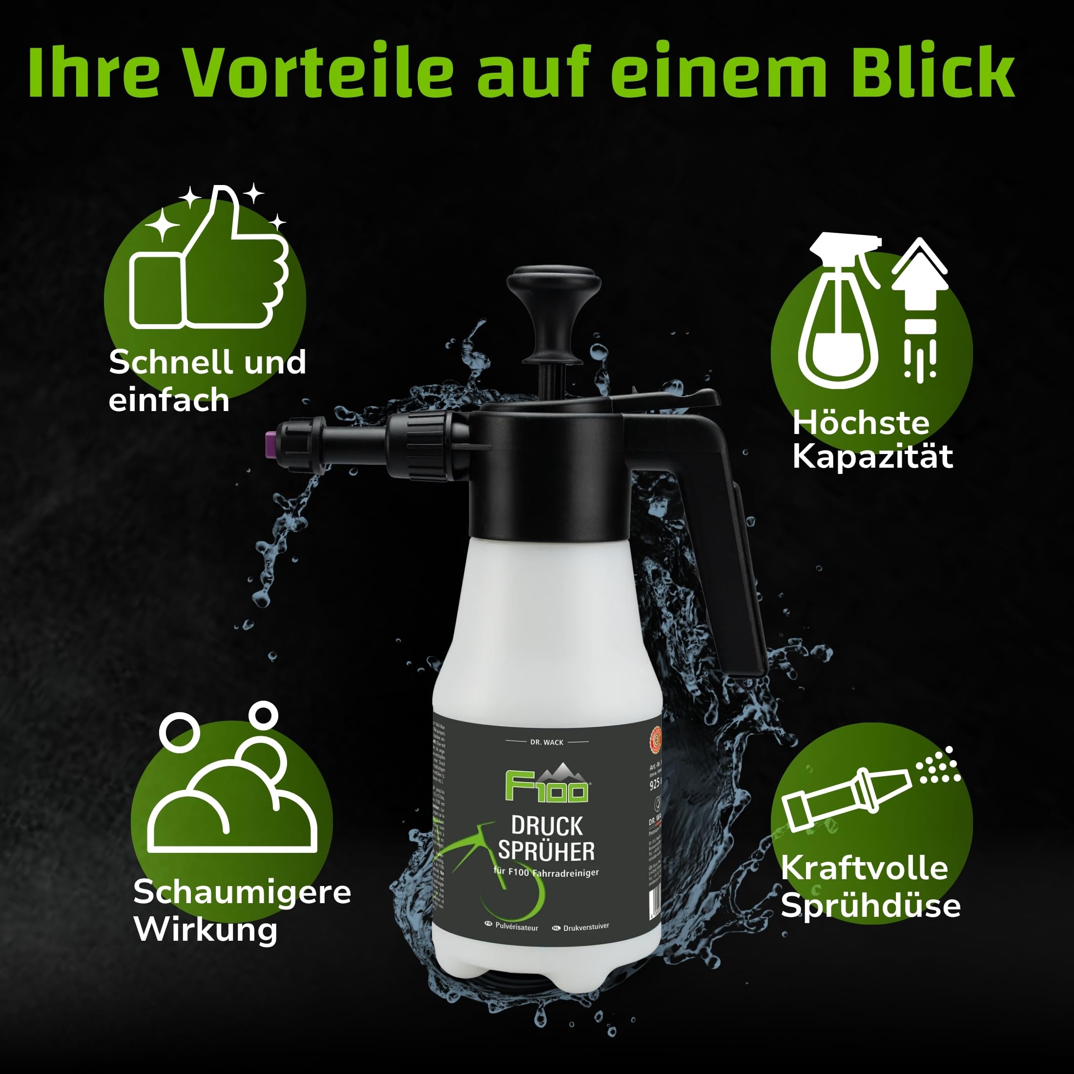 DR. WACK F100 Drucksprüher 925 ml - Leere Sprühflasche für Fahrradreiniger - Pumpflasche mit Drehventil - Schnelle & einfache Fahrradreinigung - Fahrrad Zubehör - Hochwertige Fahrradpflege