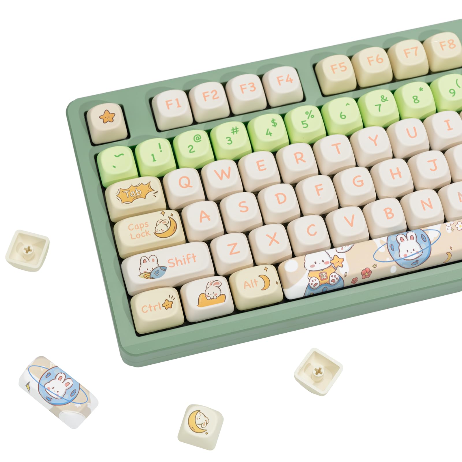 JOLINTAL 144 Keys Thick PBT MOA Profile Green Kawaii Cherry Mx Keyboard Keycaps, Round Custom Rabbit Keycaps for ANSI Layout Mechanical Gaming Keyboard