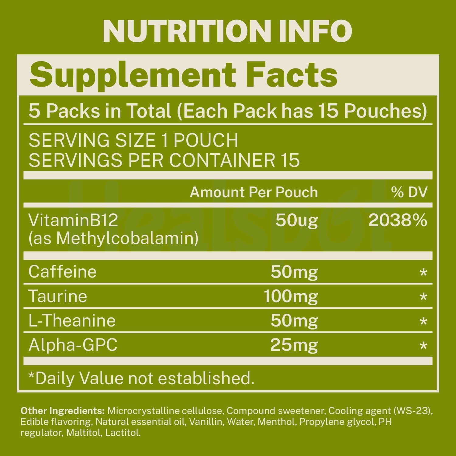 Nootropic Caffeine Pouches, Energy Pouches with 50mg Caffeine | Taurine | Vitamin B12 | Alpha-GPC | L-Theanine, Focus and Energy Supplements Variety Packs 5 Flavors