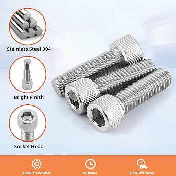 3/8-16 x 1 Socket Head Cap Screws Bolts, Stainless Steel 18-8 (304), Bright Finish, Fully Threaded, Allen Socket Drive, 10 PCS