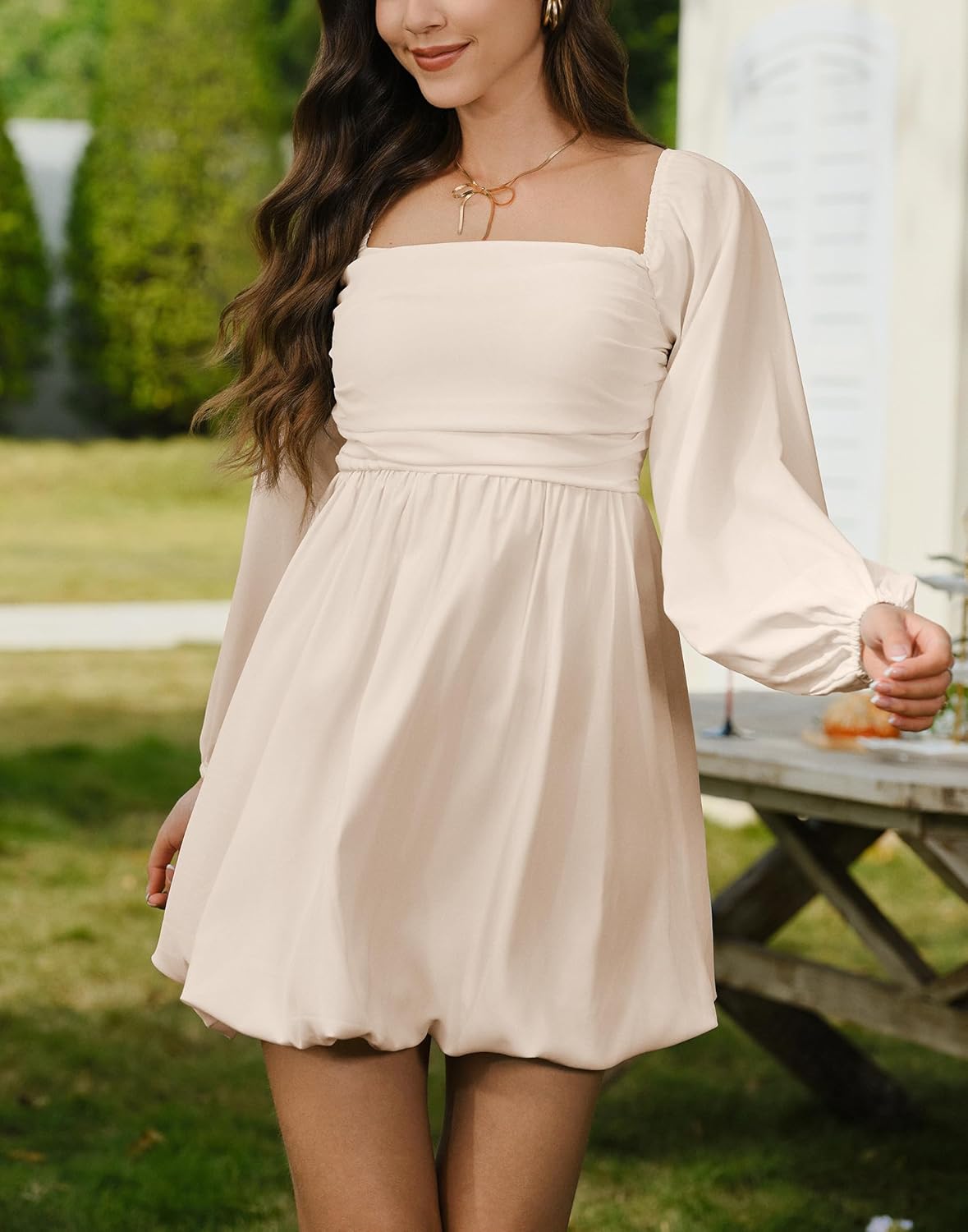 HYPERFIRE Women's Square Neck Long Sleeve Bubble Mini Dress Pleated Smocked A Line Wedding Dresses - Image 6