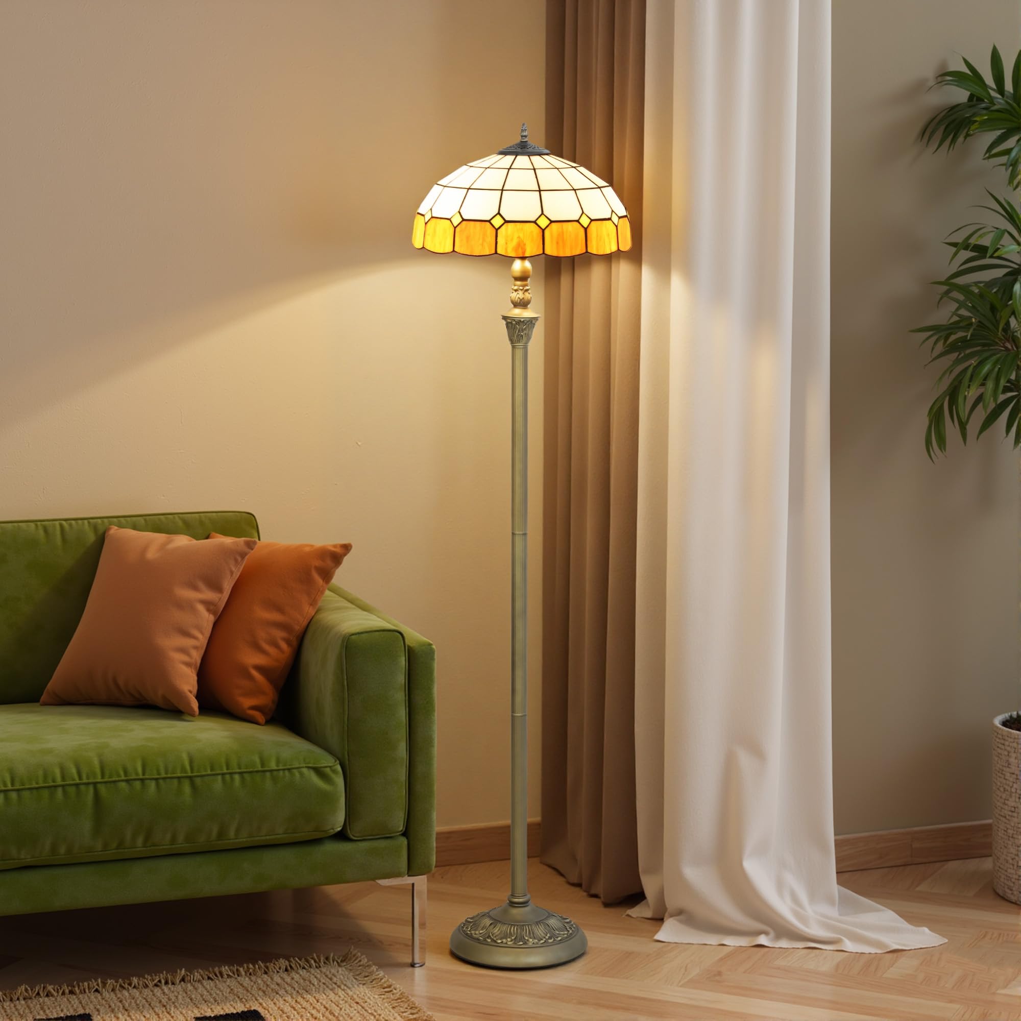 HOMCOM Tiffany-Style Floor Lamp Glass Shade 152cm Tall Bronze Tone/Orange