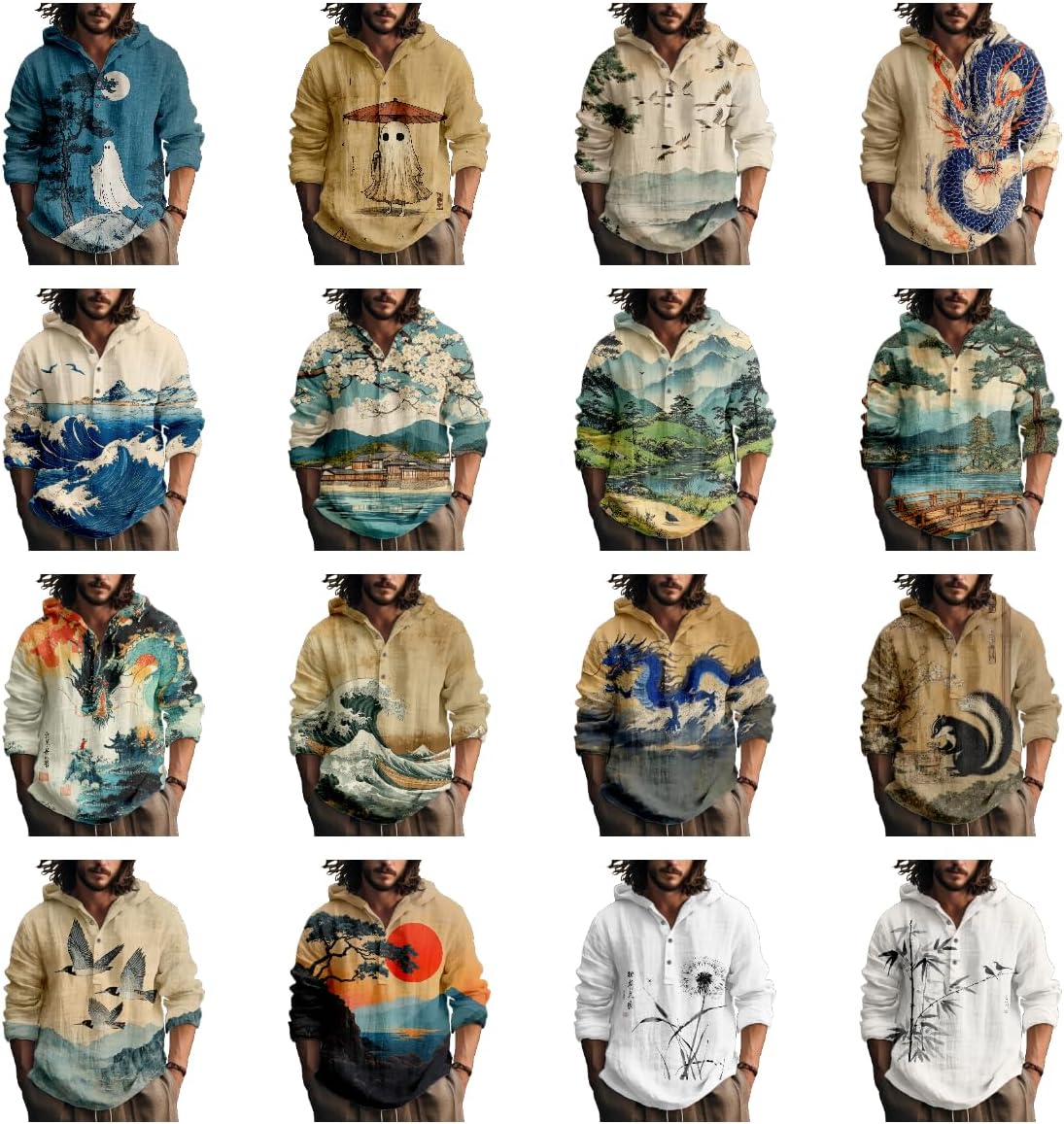 Hooded Sweatshirt Men Japanese Artsy Graphic Button Up Cool Light Weight Slim Fit Hoodies Long Sleeve Shirts