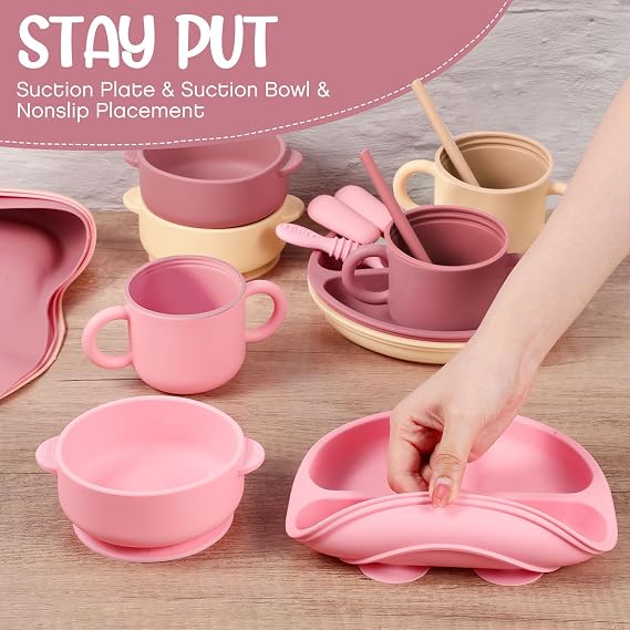 Yinder 24 Pack Silicone Baby Feeding Set Baby Led Weaning Essentials Suction Divided Plate Bowl Spoon Fork Adjustable Bib Snack Cup Straw for 6+ Months(Pink, Dark Pink, Nude)