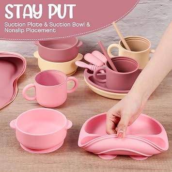 Yinder 24 Pack Silicone Baby Feeding Set Baby Led Weaning Essentials Suction Divided Plate Bowl Spoon Fork Adjustable Bib Snack Cup Straw for 6+ Months(Pink, Dark Pink, Nude)