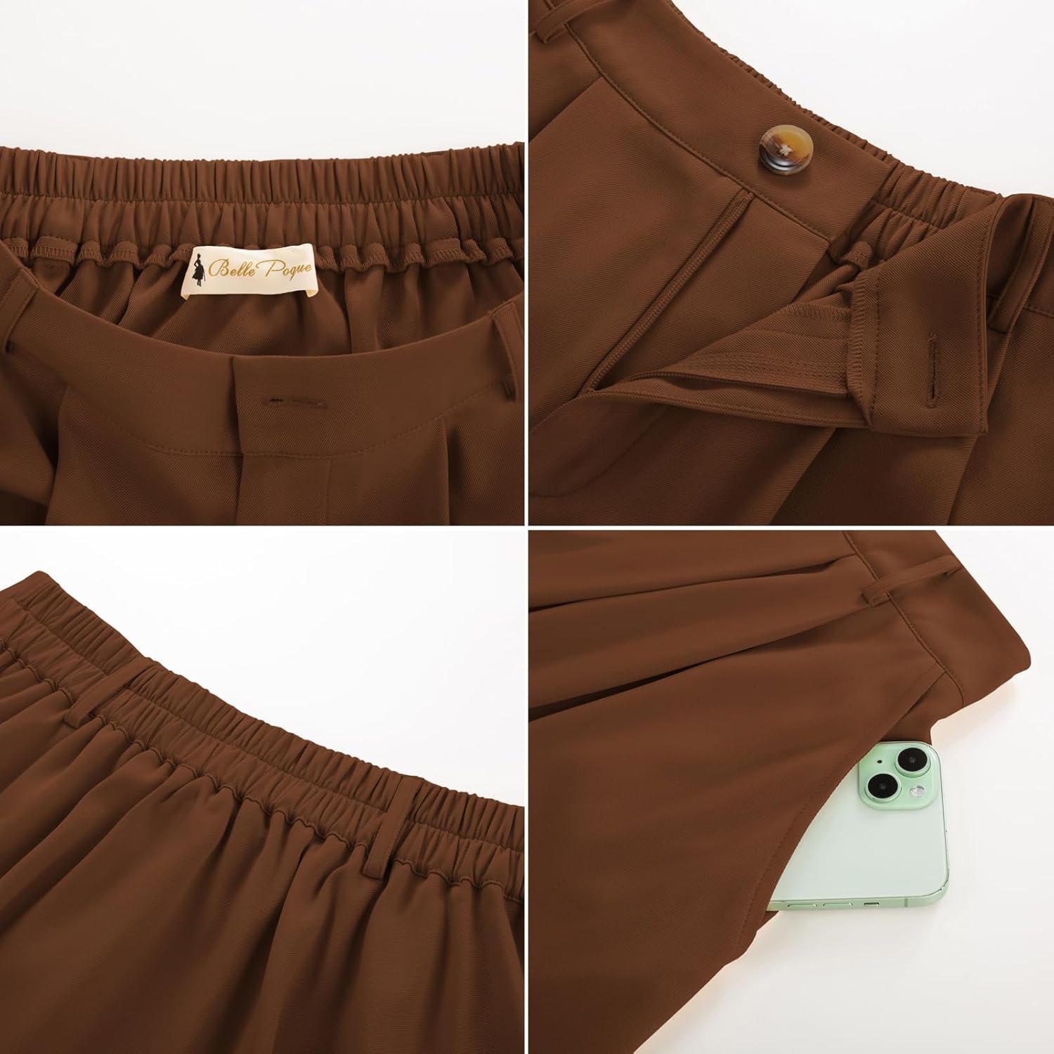 Belle Poque Women Vintage Pleated Skirt with Pockets A Line Midi High Elastic Waist Flared Skirt for Office Daily - Image 2