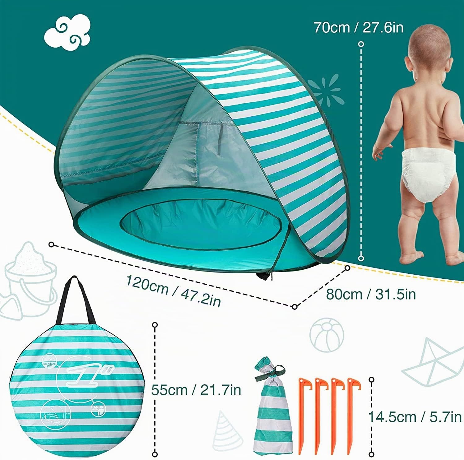 Refugio de playa para bebé, tienda de campaña con mini piscina, protección UV, pícnic y jardín (verde)