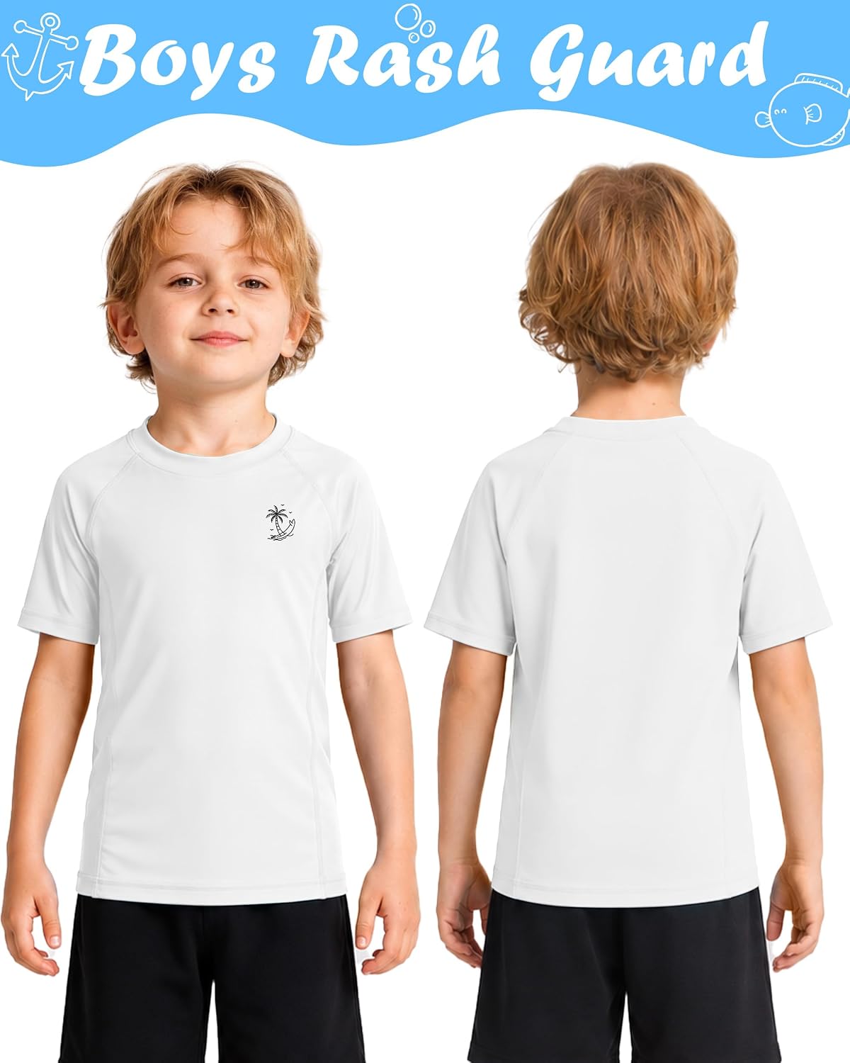Boys UPF 50+ Swim Shirt, Toddler Short Sleeve Rash Guard, Kids UV Sun Protection Water Shirt for Beach Surf Pool