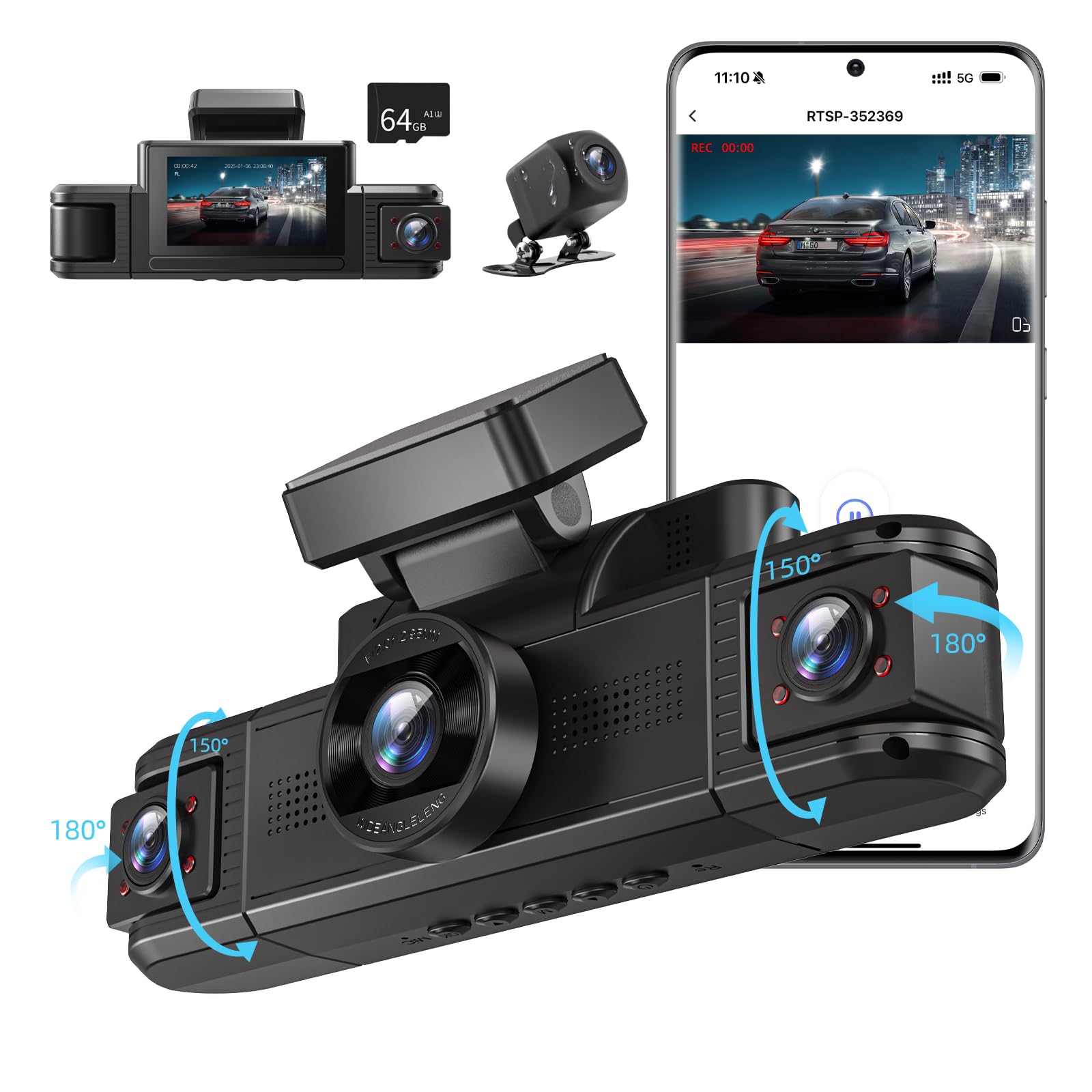 4 Kanal Dashcam Auto Vorne Hinten 4K+1080P mit WiFi,Dash Cam Auto Kamera 3" IPS Bildschirm,Kostenlose 64 GB Karte,Nachtsicht,G Sensor,Loop-Aufnahme,APP Steuerung,170°Weitwinkel WDR