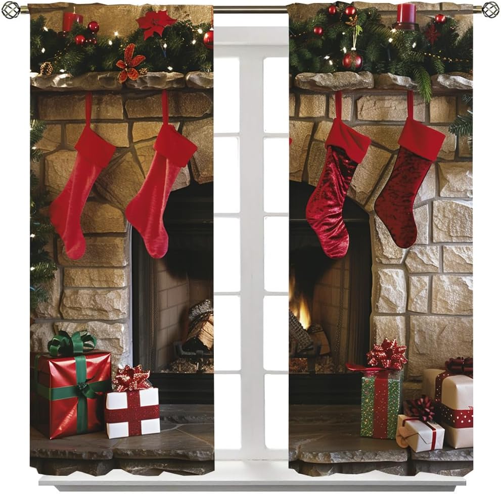 Vintage Mid Century Castle Xmas Blackout Curtains for Bedroom Rustic Watercolor Bonfire Western Merry Christmas Holiday Heat Insulating Blackout Curtains For Living Rroom 2 Panels 54"L x 21"W