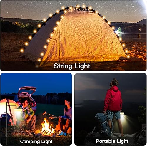 Miniatura 2 de Cadena de luces de campamento 2 en 1 con 12 modos de iluminación, 30 segundos, enrollable, portátil, recargable por USB, linterna de campamento para