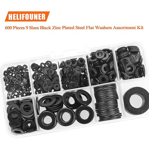 Miniatura 4 de HELIFOUNER 600 piezas de 9 tamaños de arandelas planas de acero chapado en zinc negro (M2 M2.5 M3 M4 M5 M6 M8 M10 M12)