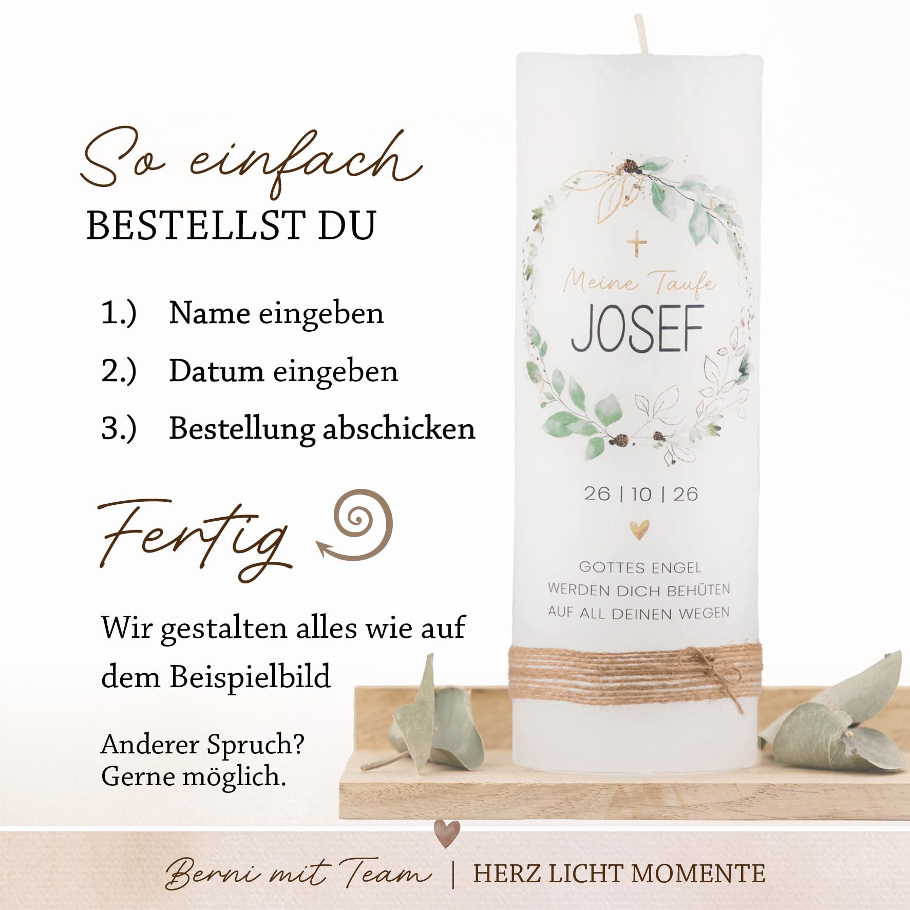 Personalisierte Taufkerze | Moderne handgemachte Kerze mit Name & Datum Junge | Individuelles Taufgeschenk Bub | Hochwertige Rustikkerze | Partenkerze Taufe | Blau Grün Boho (B-Mint)