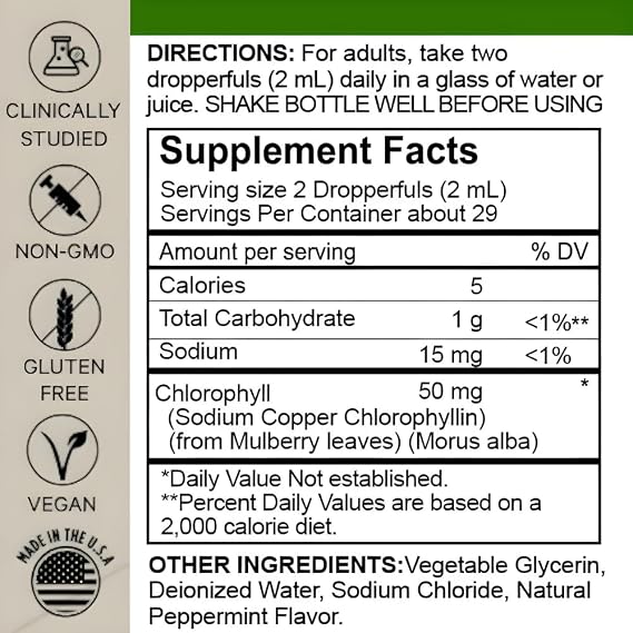 Liquid Chlorophyll Premium Drops Peppermint Flavor, Alcohol Free & Gluten Free Dietary Supplement 2 Fl Oz (59ml)