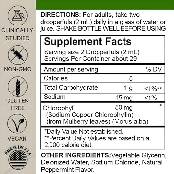 Liquid Chlorophyll Premium Drops Peppermint Flavor, Alcohol Free & Gluten Free Dietary Supplement 2 Fl Oz (59ml)