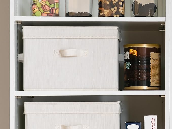 StorageWorks Fabric Storage Bins with lid, Decorative Boxes for Shelves, Closet Organizer Basket with Handles, Large, Mixing of Beige, White & Ivory, 2-Pack