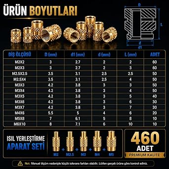 460 Adet Pirinç Insert Somun Seti, Yerleştirme Aparat Seti, M2 M2.5 M3 M4 M5 M6 3D Yazıcı Plastik Çakma, Gömme