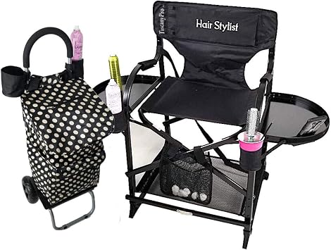 Portable Chair & Trolley Storage Cart - Perfect for Hair Stylists, Makeup Artists, Salons, Movie Sets and More - Italian Design - Adjustable Seat Height - Carry Bag Included