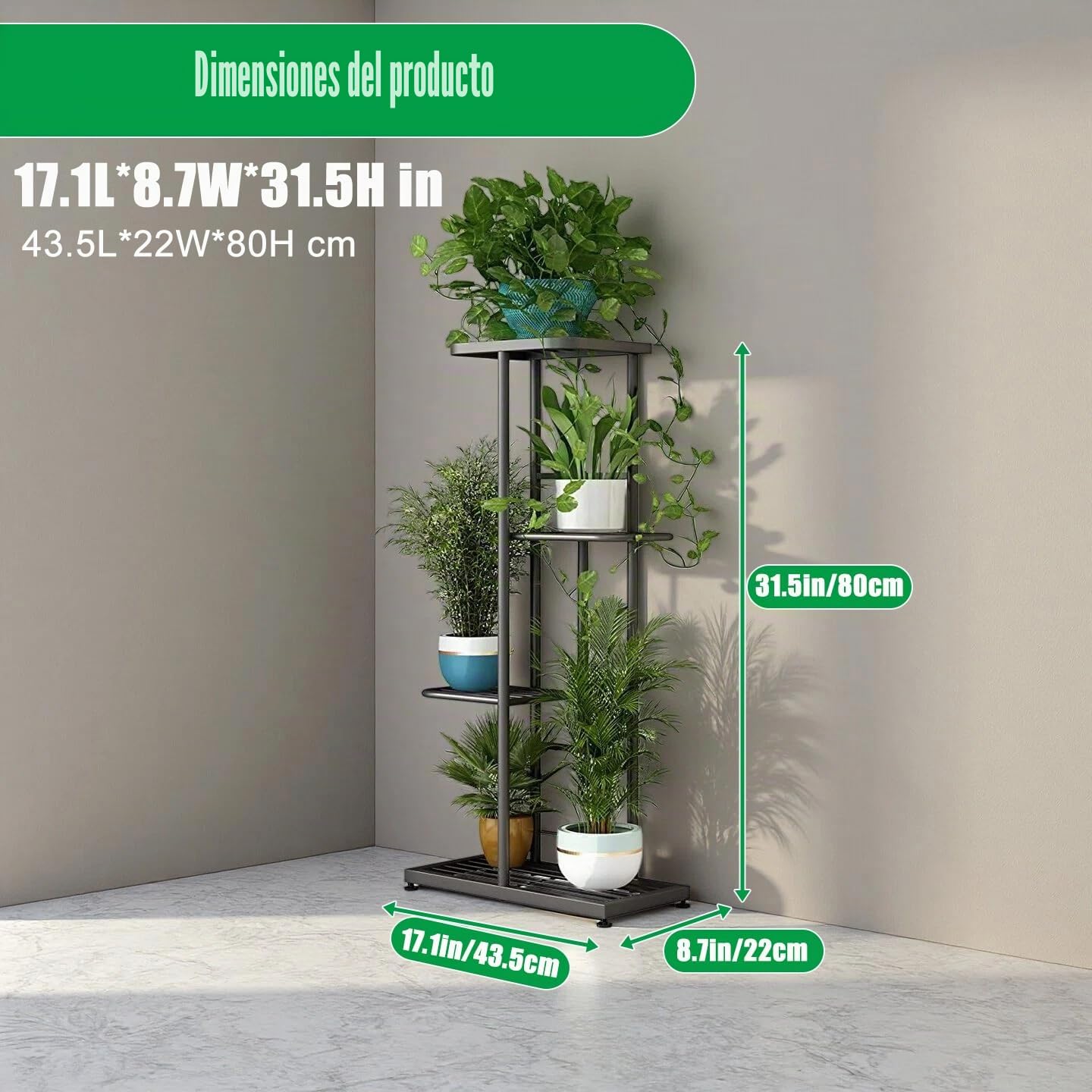 LINZINAR Soporte de metal para plantas de 4 niveles y 5 macetas, estante para macetas para interiores y exteriores, estantería de exhibición para patio, jardín, esquina, balcón, sala de estar (4