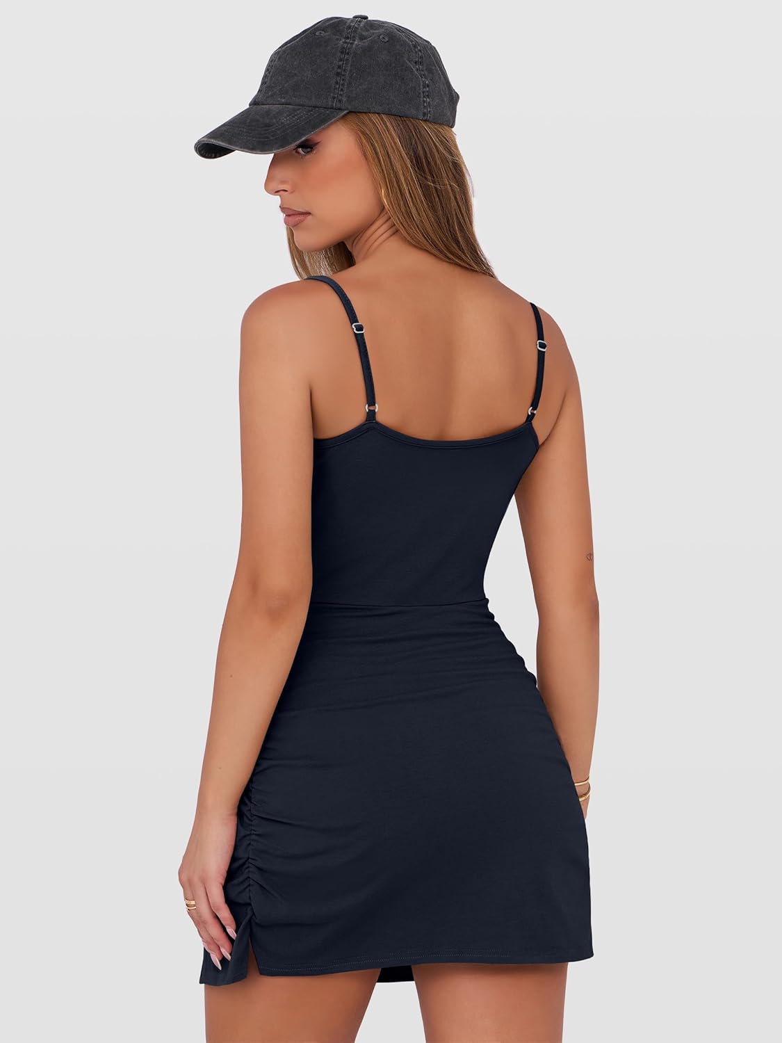 Caracilia Womens Summer Spaghetti Strap Dress Tie Waist Romper Skorts Bodycon Beach Vacation Mini Dresses Built in Shorts