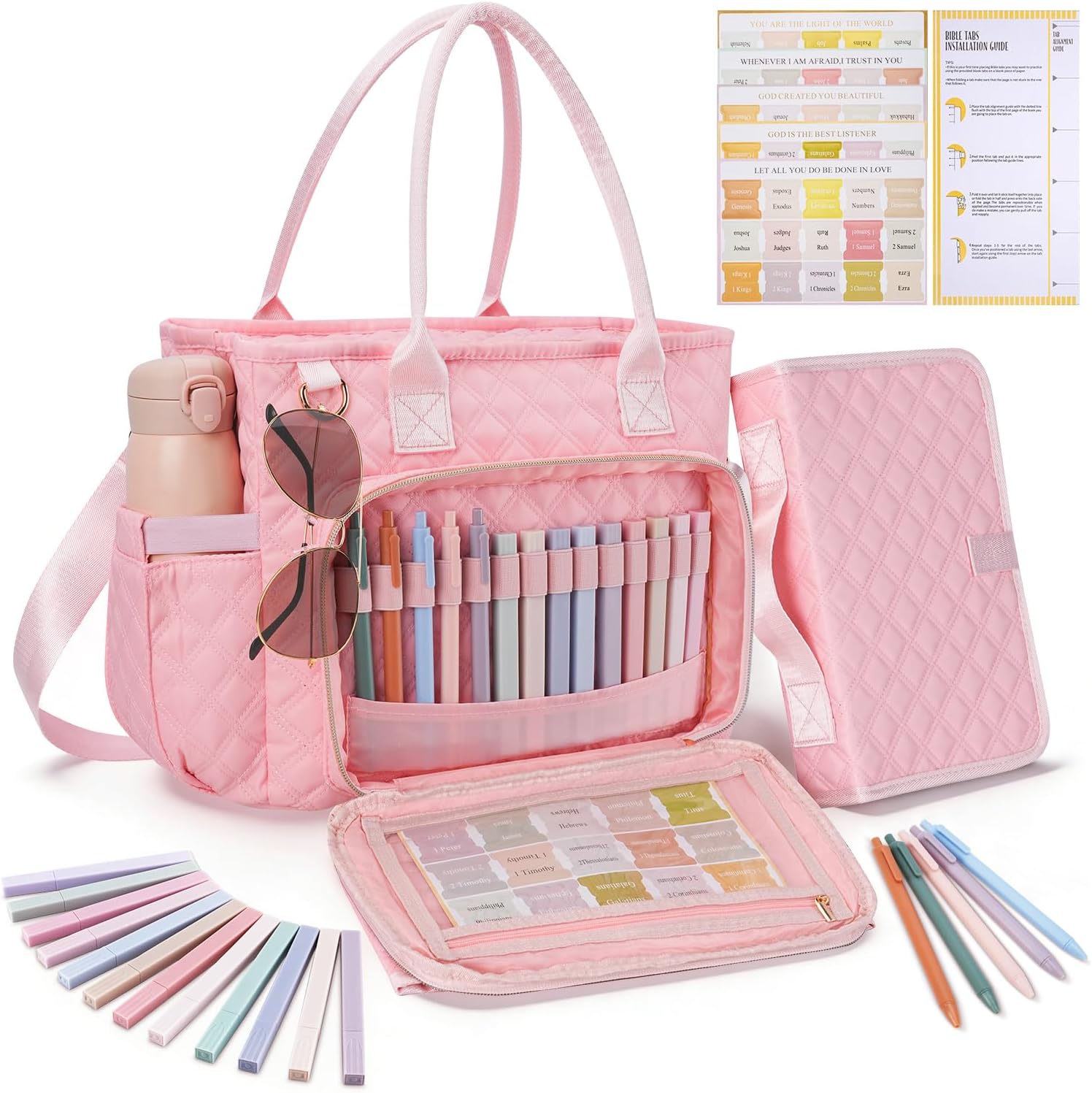 KOPKOFT Large Bible Cover Case for Women, Quilted Church Tote Bag with Shoulder Strap, Bible Study Supplies Journaling Kit Bible Accessories, Christmas Christian Gift for Women (Pink)