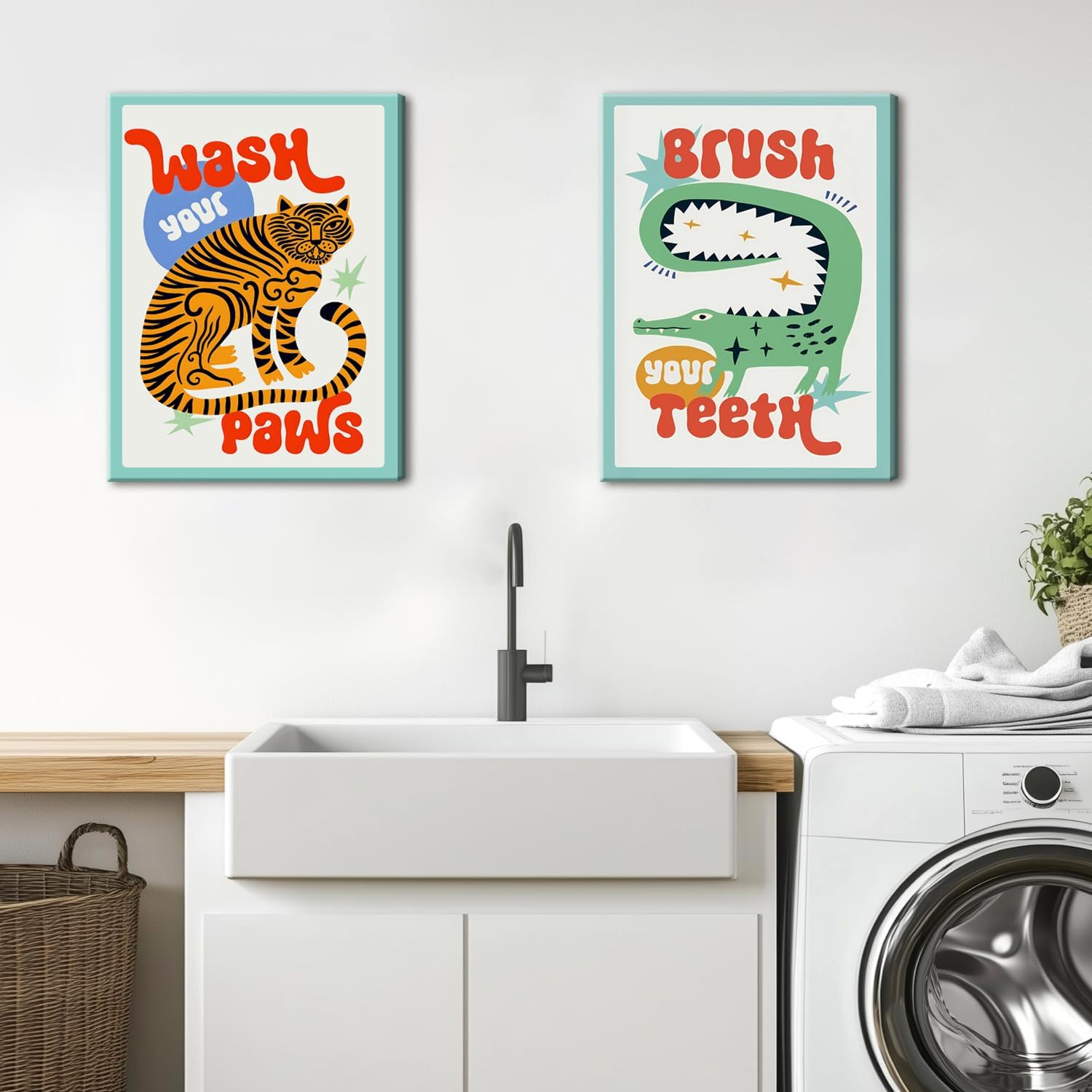 Funny Kids Bathroom Wall Art, Cute Animal Bathroom Wall Decor Paintings, Eclectic Tiger Wash Your Paws Sign Poster Canvas Prints for Toilet Restroom Framed 12x16 inch