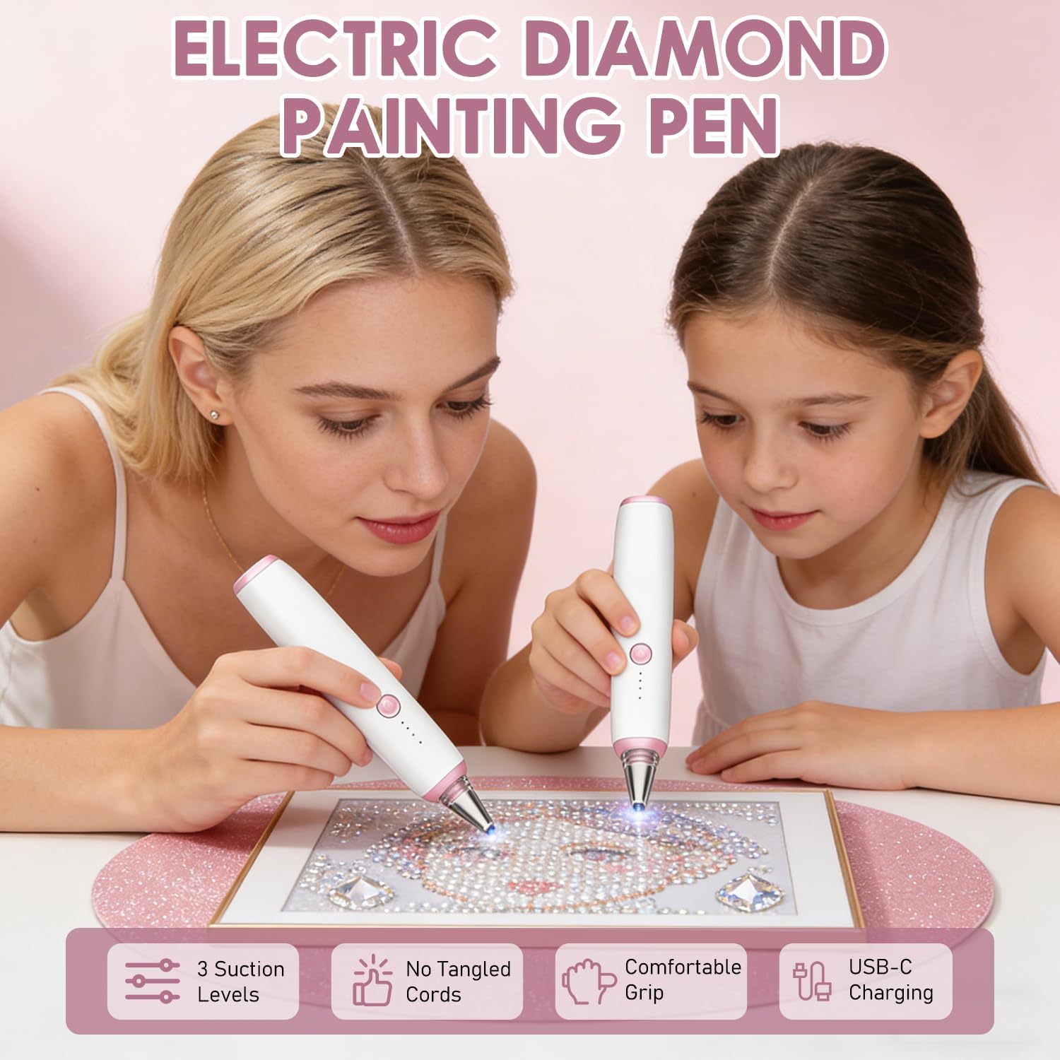 Electric Diamond Painting Pen, Cordless Vacuum Diamond Art Pen Low-Noise, No Wax Needed, Portable Rechargeable Diamond Art Accessories Pens with Extra Tips, 3-Speed Adjustable
