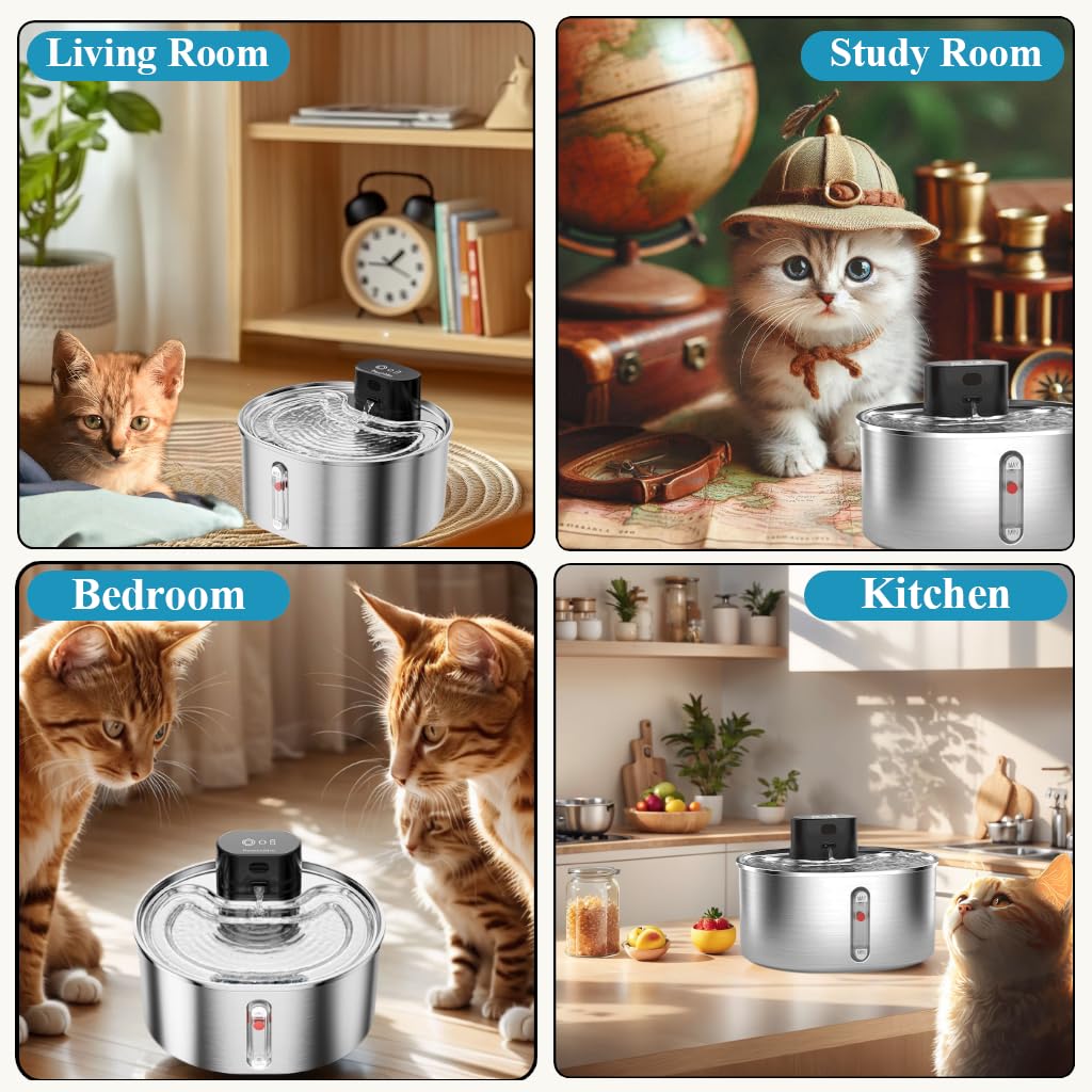 Fuente de agua para gatos sin bomba de acero inoxidable que funciona con pilas, fuente de agua inalámbrica para mascotas, dispensador automático inalámbrico con 2 filtros de repuesto para