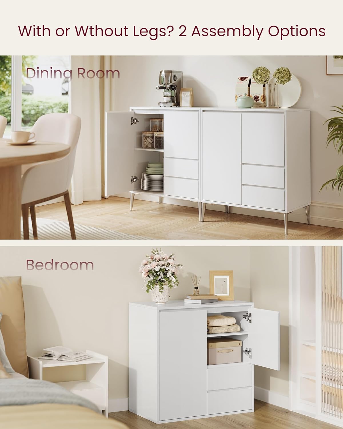 Two images showing the sideboard: one in a dining room with legs, and one in a bedroom without legs.