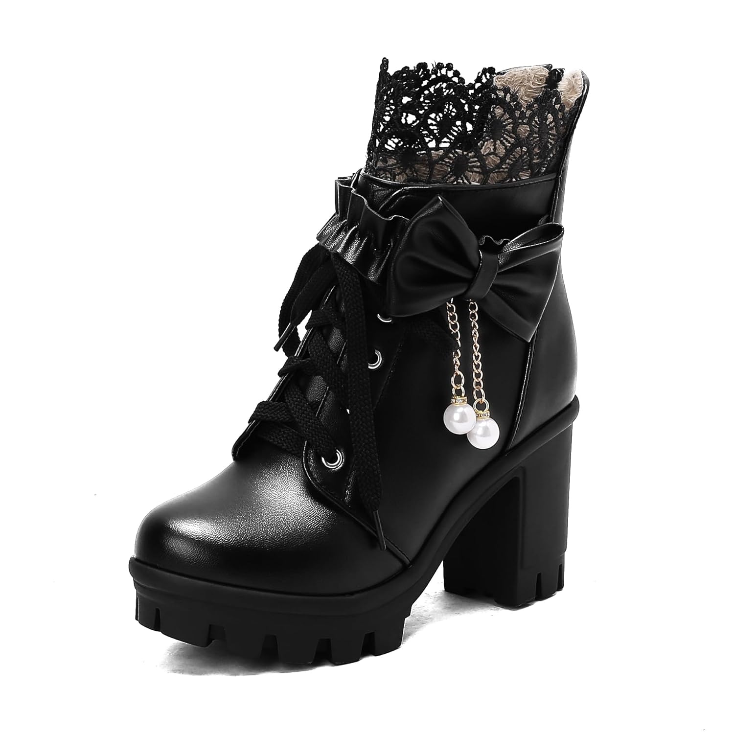BEAUPAS Womens Gothic Platform Ankle Boots Lace-up Combat Boots with Pearl Bow Chunky High Heel