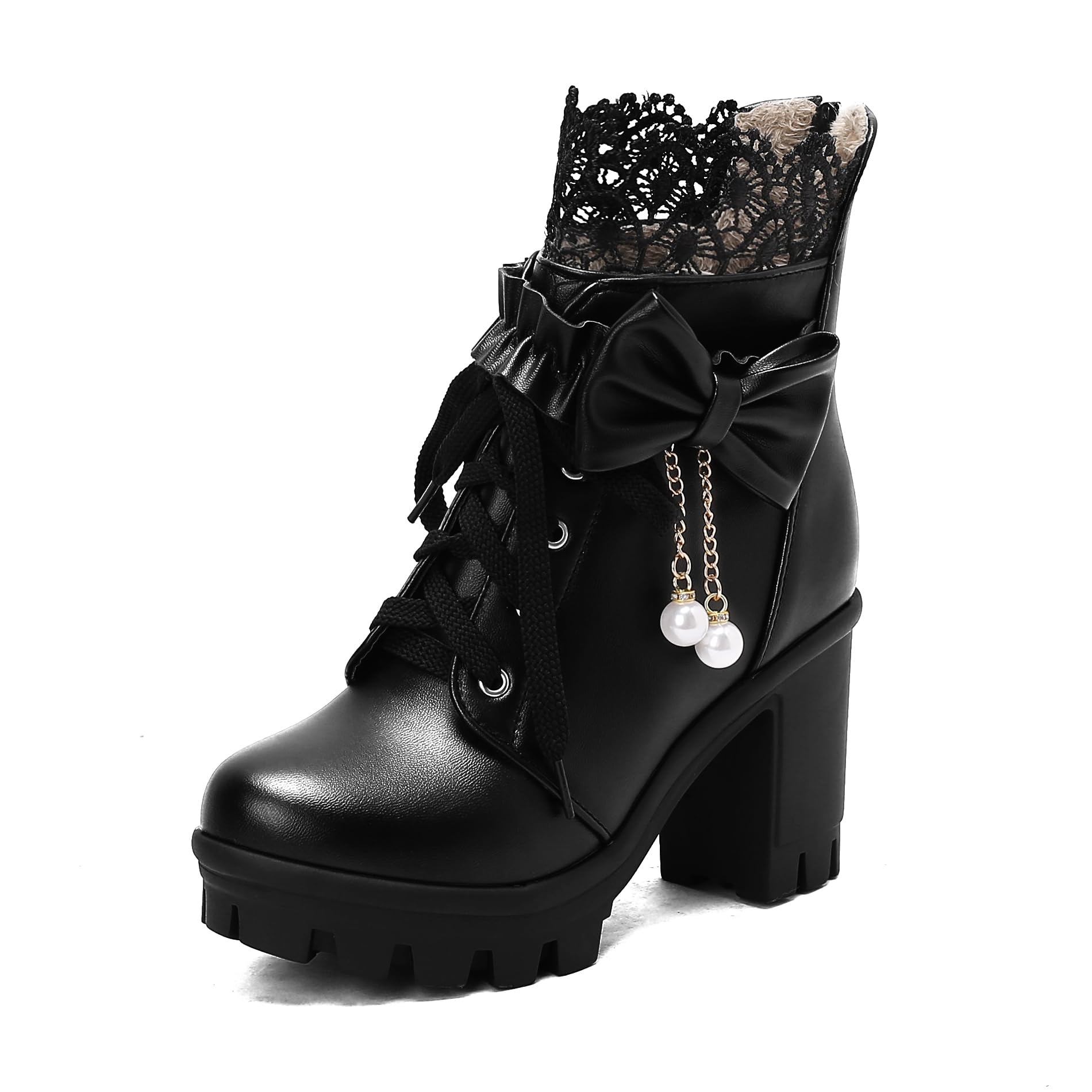 BEAUPAS Womens Gothic Platform Ankle Boots Lace-up Combat Boots with Pearl Bow Chunky High Heel