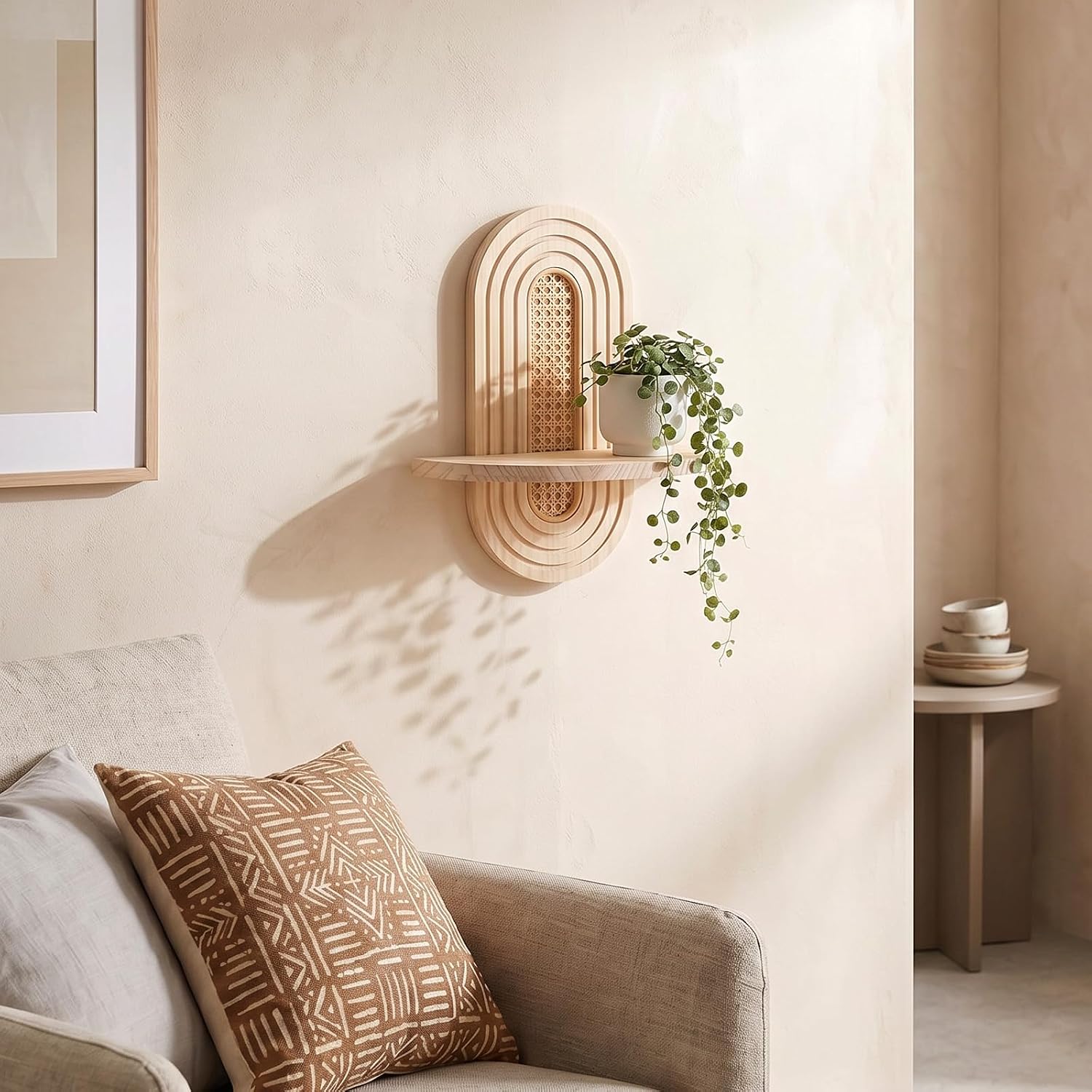 Floating Shelves for Wall, 2 Pack Rattan Plant Shelf Set, Boho Wall Decor with Natural Wood and Woven Rattan, Mid Century Small Decorative Shelves for Living Room, Bedroom, Bathroom, Office