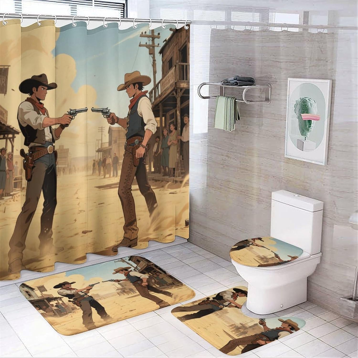 Cowboy Duel Bath Rug Set 4 Piece,Bathroom Accessories Set-Toilet Rugs U Shaped,Toilet Lid Cover,Shower Curtain and Rugs,Ultra Soft, Absorbent,Home Decor