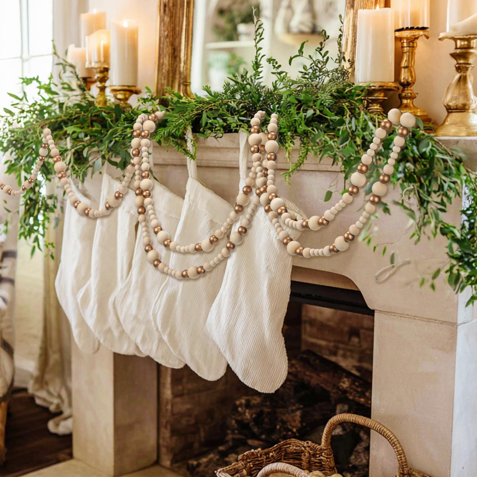 Briwooody Guirnalda de cuentas de madera de Navidad de 27 pies de largo, 3 piezas de guirnalda de árbol de Navidad de madera de 9 pies, guirnaldas de cuentas vintage para Navidad, boda, vacaciones