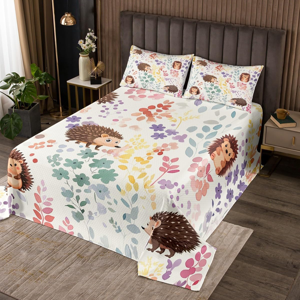 Erosebridal Kawaii Hedgehog Queen Quilt Set,Cute Floral Hedgehog Bedding Set for Kids Girls Boys,Rainbow Flower Leaf Plant Bedspread Set Cartoon Animal Print Quilts Bed Set 3Pcs